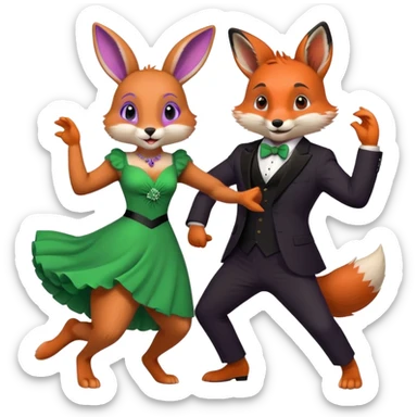 Purple bunny in a green dress and fox in a black suit dancing  sticker