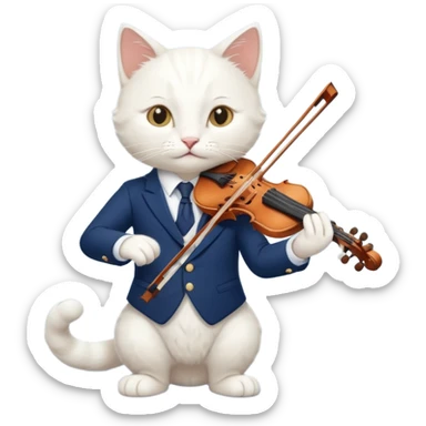white cat play violin, wear navy suit sticker