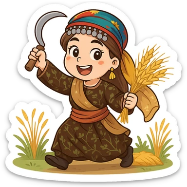 Kurdish cartoon sticker of the same woman in the new dress, working in a farm, holding a sickle or watering plants, energetic, no text, transparent background sticker