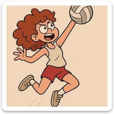 curly haired girl playing volleyball, jumping to spike, cartoon style sticker
