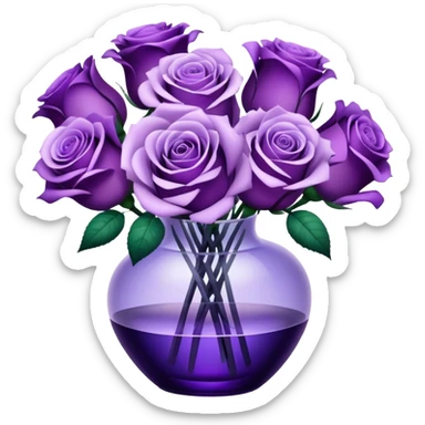 "A bouquet of purple roses in shades from soft lavender to deep violet, arranged in a translucent glass vase with subtle reflections."
 sticker