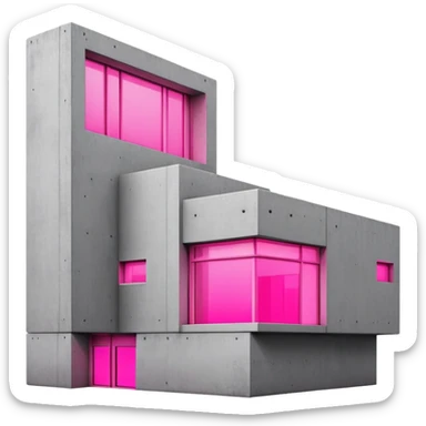 Minimalist concrete building with one window glowing bright pink, brutalist architecture sticker