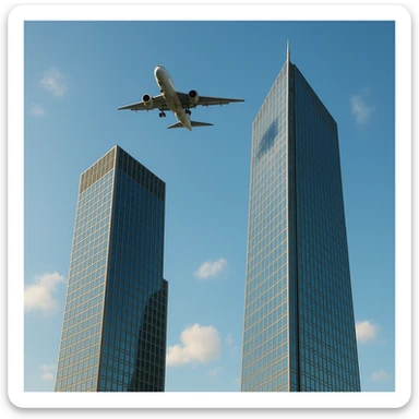 two skyscrapers and a plane that flyes to them, realism style, summer sticker