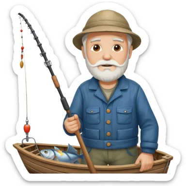an old white haired, bearded man in fisherman attire, stood in a boat at sea, holding a fishing rod and catching fish with it. sticker