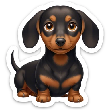 Cinematic Cute black and tan Dachshund Portrait Emoji, Head tilted playfully and inquisitively, featuring a glossy black and tan coat with a sleek sheen, round, sparkling brown eyes filled with curiosity, Simplified yet irresistibly adorable features, highly detailed, glowing with a warm, friendly glow, high shine, affectionate and spirited, stylized with a touch of whimsy, bright and endearing, soft glowing outline, capturing the essence of a mischievous yet loving pup, so playful it feels like it could dash out of the screen and into your arms! sticker