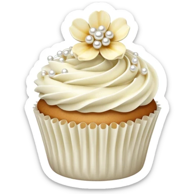 Realistic white and cream wedding cupcake with vanilla icing, sugar flowers, pearls  sticker