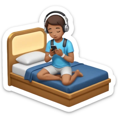 Gen Z person kneeling by bed, praying at night, headphones on, phone glowing sticker
