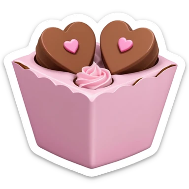 Two square milk chocolate , Each praline is a sharp-edged cube with smooth glossy chocolate coating, placed in a small white fluted paper candy cup. On top of each cube is a flat pastel pink heart-shaped icing sticker