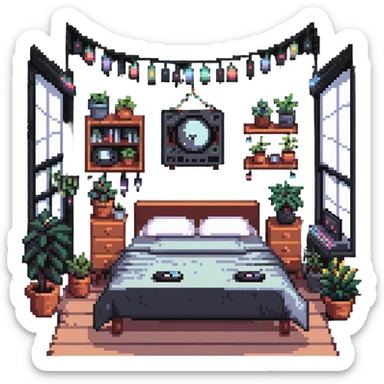 indie bedroom with fairy lights, plants and vinyl records sticker