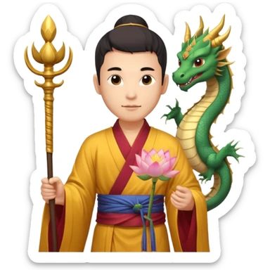man with asian dragon, scepter, buddhism, lotus sticker