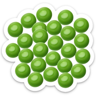 a handful of frozen green peas, scattered, bright green, round, smooth, uniform, frosted matte surface, subtle hue differences, no extras, soft lighting, emoji scale sticker