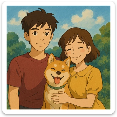 couple with pet posing for photo sticker