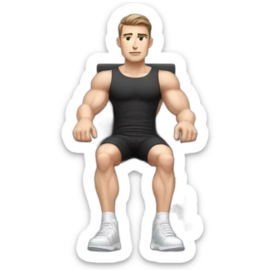 Pale skinned Fit Man With the biceps and dark brown hair in black shirt, gray sports shorts and white Sneakers Sitting on a chair sticker