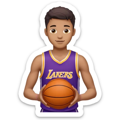 generate an ios genmoji of a handsome dark 20 year old in a purple lakers basketball jersey, basketball in hand, smirking sticker