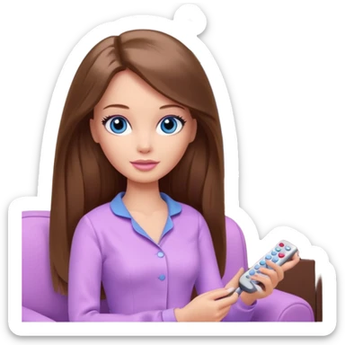 beautiful barbie girl with long brown hair, blue eyes and wearing light purple clothes watching tv shows sticker