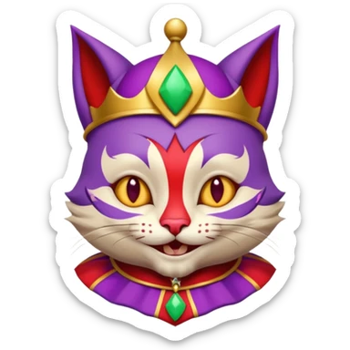 crazy colorful cute little cat jolly joker from poker, medieval, vintage, court jester, mac os icon, purple, gold and red color, half body sticker