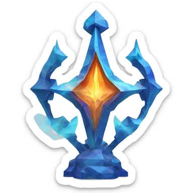 A Sagittarius symbol sculpture with a geometric, faceted design. The symbol is standing upright with angular and baroque features. The vibrant blue flame colors highlights the sharp edges and planes. sticker