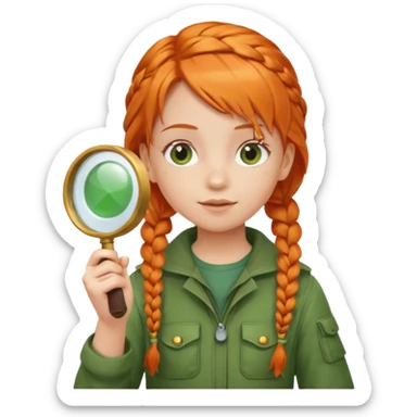 braid orange haired girl kid in green explorer outfit, holding magnifying glass sticker