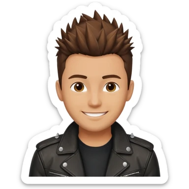 man in his 30s, short spiky brown hair, wearing a leather jacket, smiling sticker