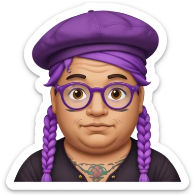 very tattoed face, normal glassess, fat venice gondolier with iconic hat and purple thick braided hair sticker