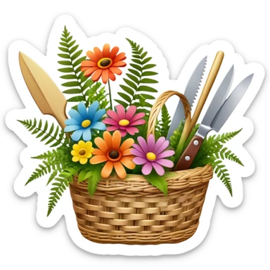 Icon for Floristry: a woven basket with flowers, reeds, ferns, bright ribbons and a small plush toy. Add big garden scissors and knife. The icon should represent creativity in flower arrangement and decorative design. Transparent background. sticker