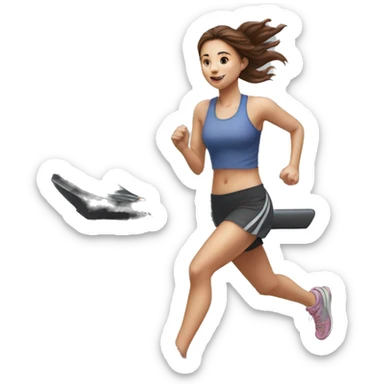 Full length hyperrealistic pencil drawing of a girl with brown hair running on a treadmill sticker