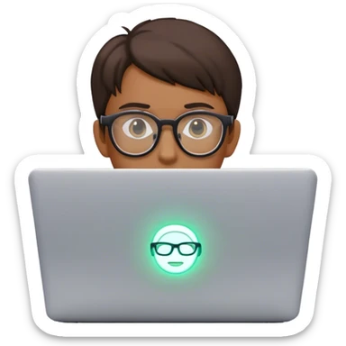 An emoji of a person with a laptop wearing glasses and with a slight neon glow sticker