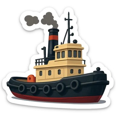 stylized illustration of tug boat with dark hull and cream yellow upper structure sticker