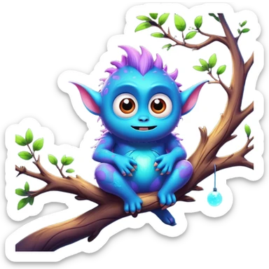 3D, create an image of a cartoon monster with extra big shining eyes sitting on a tree branch, thomas kinkade and paul lehr, pixar cute character design, by Anne Stokes, splashes of neon galaxies, adorably cute, drew struzan inspiration, 2019, by Wojciech Korneli Stattler, beautiful matte painting sticker