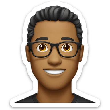 Caramel guy, black eyes, black long wavy hair, no facial hair, thin long nose, round glasses, black t shirt sticker