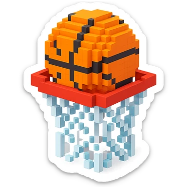 A voxel-style basketball in a net, colorful and vibrant sticker