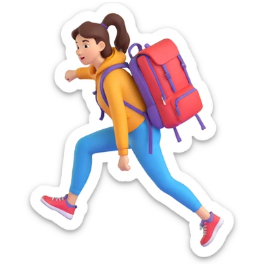 a woman walking with a backpack, stylized features, bright colors, energetic movement sticker
