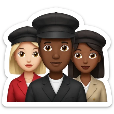 Black man with fitted hat on  with two women one black one Chinese  sticker