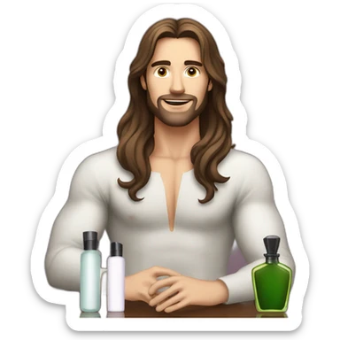 white skin men with long brunette hair with a perfum bottle sticker