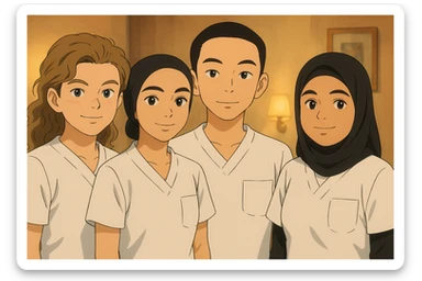 Four nursing students side by side in a warm indoor ambiance, wearing white short-sleeve uniform tops resembling medical tunics with V-neck collars and left chest pockets, no stand-up collars, no hijabs or undergarments beneath the tunics, no stethoscopes. Each student has the face from the provided portraits, styled in Ghibli style, group composition, variation 4. sticker
