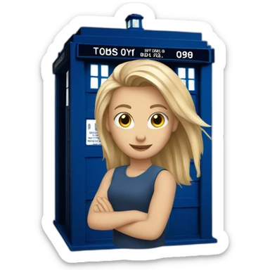 joven rubia con pelo largo a punto de entrar en la tardis sticker