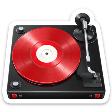 Generate a high-quality 3D cartoon-style emoji of a red LP record placed inside a black LP turntable, realistic shading, smooth gradient colors, rounded and cute appearance, simple white background, high-resolution.
 sticker