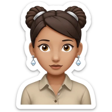 generate a pretty bratz girl with dark brown eyes. Dark brown hair tied in a single bun, tight beige button up shirt with top shirt open. diamond studs in ears. airpods in ear sticker