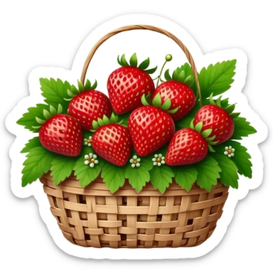 Cinematic ripe strawberrie, deep red, glossy with tiny seeds, green leaves still attached, gathered in a rustic basket, warm glowing background, fresh and sweet. sticker
