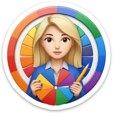 female graphic designer , color wheel, pens, papers sticker
