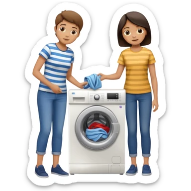 Mother and boy putting clothes in the washing machine sticker