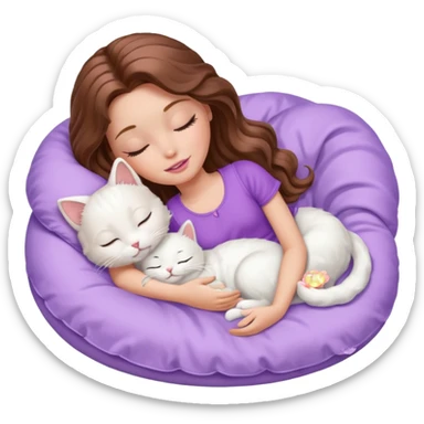 White Barbie girl  Chestnut Chestnut brown long wavy hair sleeping with white kitty at lavander bed sticker