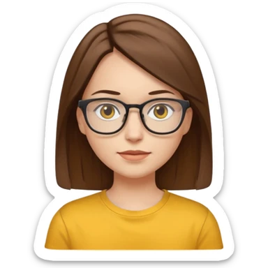 Hawaii female with white skin. Shoulder length straight brown hair. Brown eyes with glasses. Female wearing yellow shirt. sticker