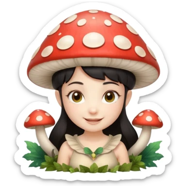 mushroom fairy portrait, head and shoulders only, wearing a large mushroom cap hat, tiny glowing wings visible behind shoulders, cute magical smile, forest fantasy vibe, 3D cartoon, mobile game icon style, clean background, no text, no watermark.balck hair sticker