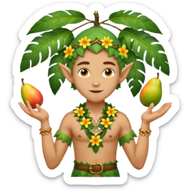 male elf in open palm-leaf shirt, offering mango. Flower necklace, sandals sticker
