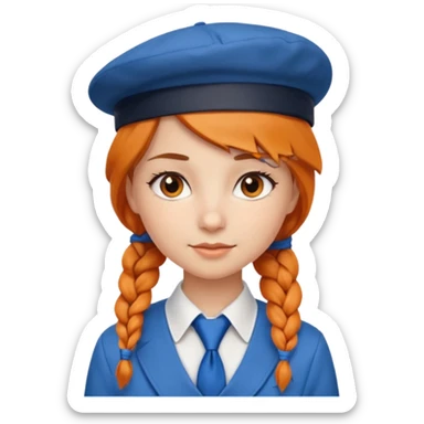 orange braided hair girl, wearing white shirt, Blue Necktie, and a brown berret Hat sticker