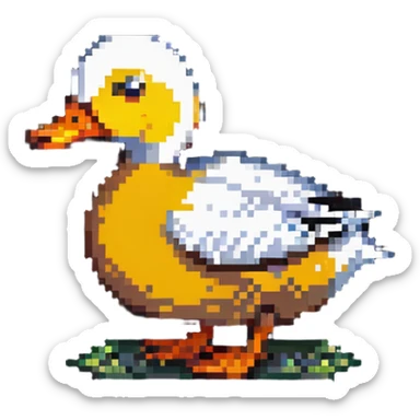 pixel art style duck inspired by the DuckDice logo, side view, coin in beak sticker