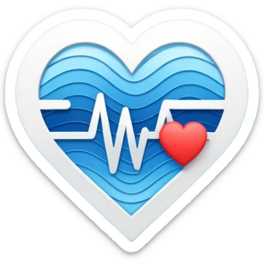 Minimal medical AI logo, heart + signal wave with AI words stilized, flat emoji style, clean, modern, blue and white sticker