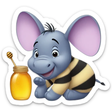 Baby Eeyore with honey on his nose and a honeybee sticker