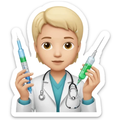 emoji comprando con traje de doctora con una jeringa en la mano sticker